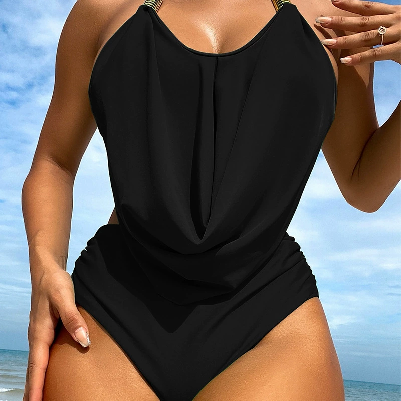Women’s Halter Draped Two-Piece Bikini Set with High-Waist Bottoms