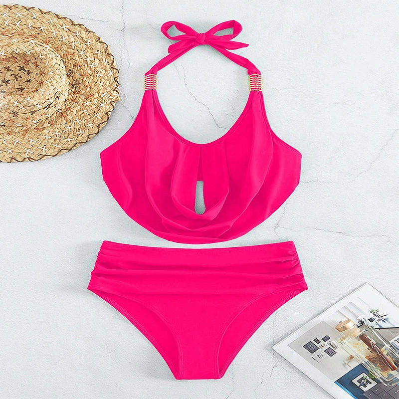 Women's Halter Draped Two-Piece Bikini Set with High-Waist Bottoms view 4