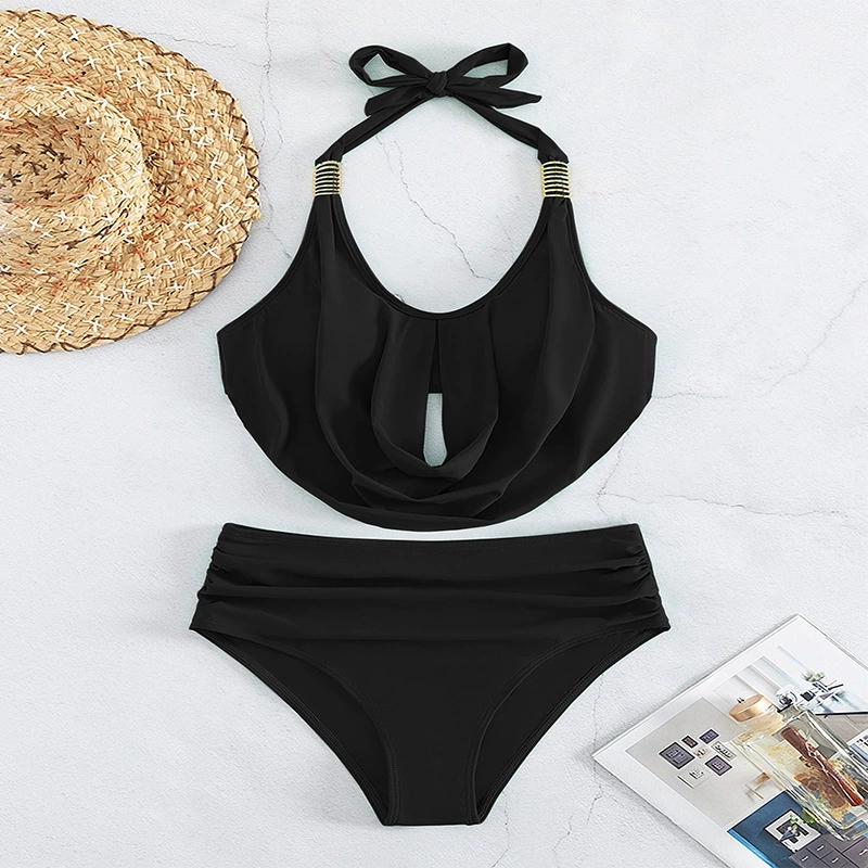 Women's Halter Draped Two-Piece Bikini Set with High-Waist Bottoms view 6