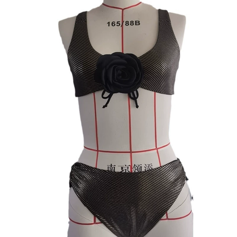 Women’s Two Piece Bikini Set with Rose Applique and Tie Side Bottoms