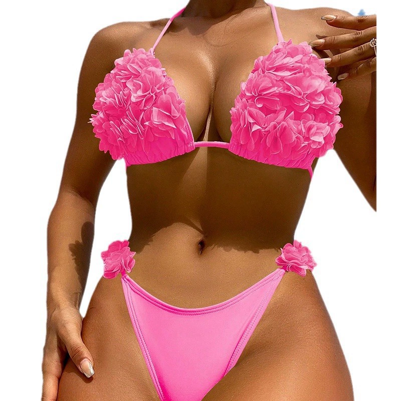 Women's Petal Applique Halter Triangle Bikini Set view 5