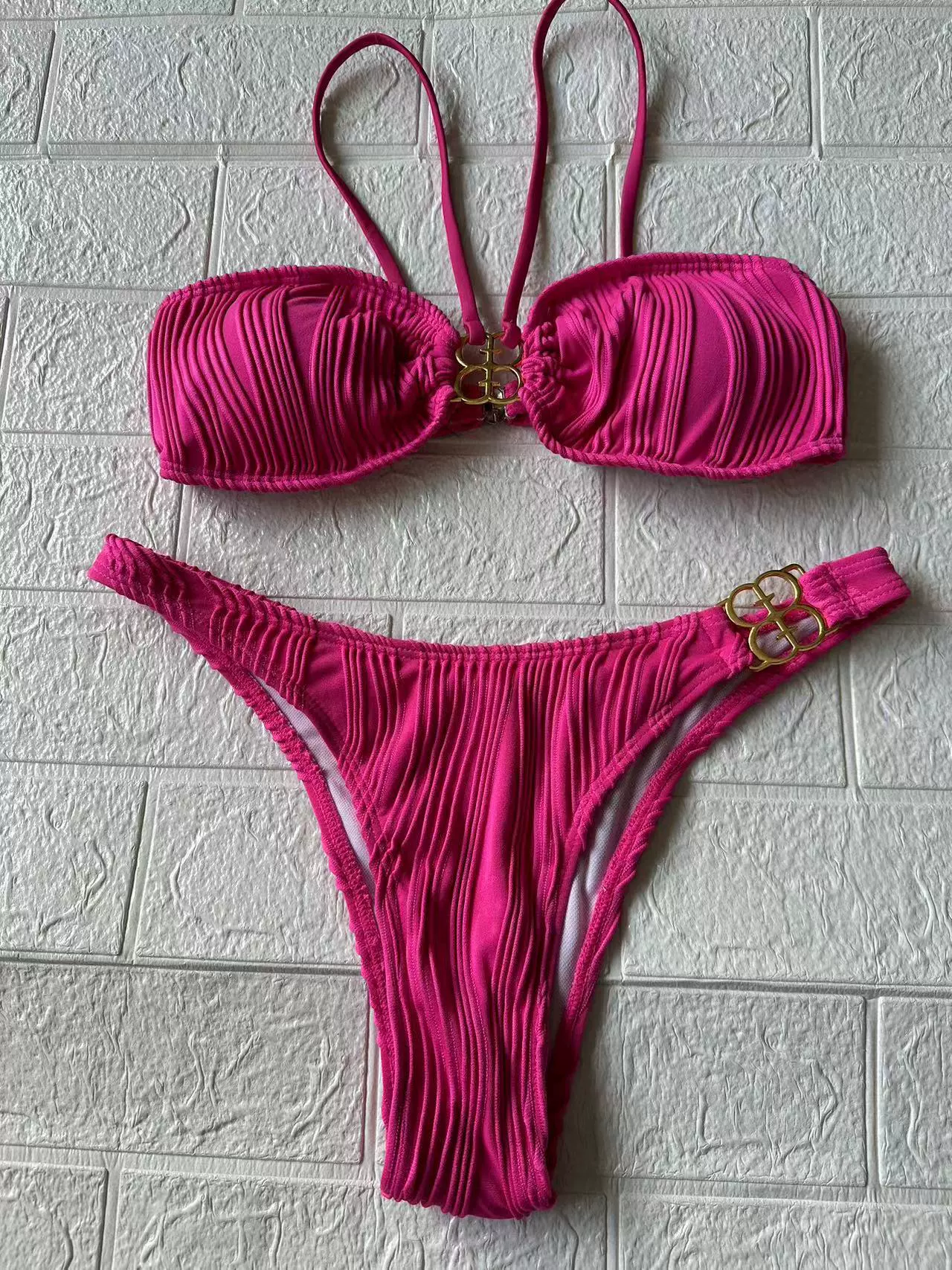 Women's Ruched Bandeau Bikini Set with Metal Ring Detail view 6
