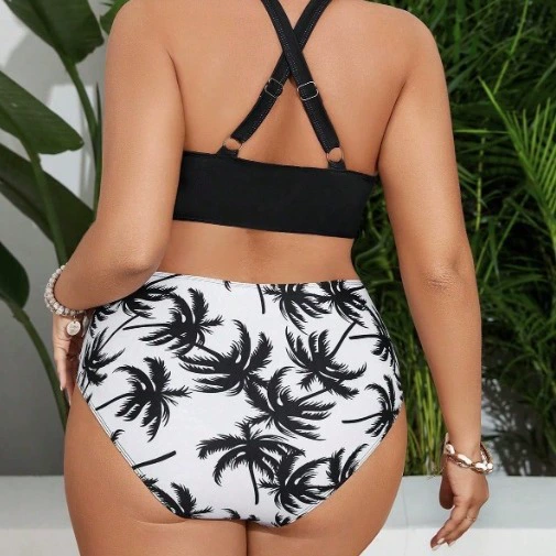 Plus Size High Neck Cross Back High Waist Bikini Set view 3