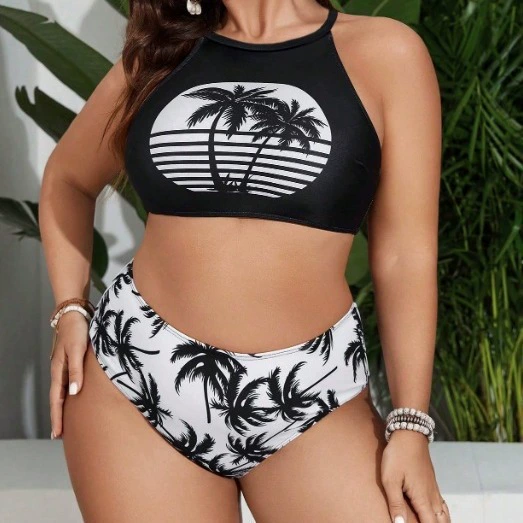 Plus Size High Neck Cross Back High Waist Bikini Set view 4