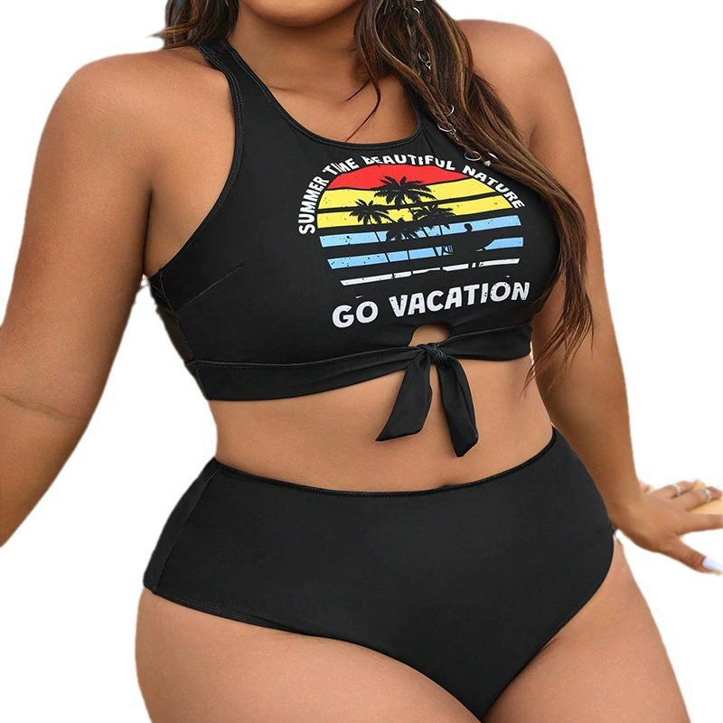 Plus Size High Neck Tie Front High Waisted Bikini Set view 5