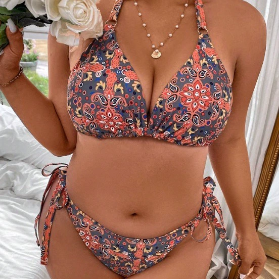 Plus Size Halter Triangle Bikini Set with Tie-Side Bottoms