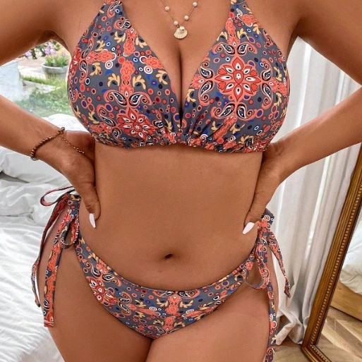 Plus Size Halter Triangle Bikini Set with Tie-Side Bottoms view 4