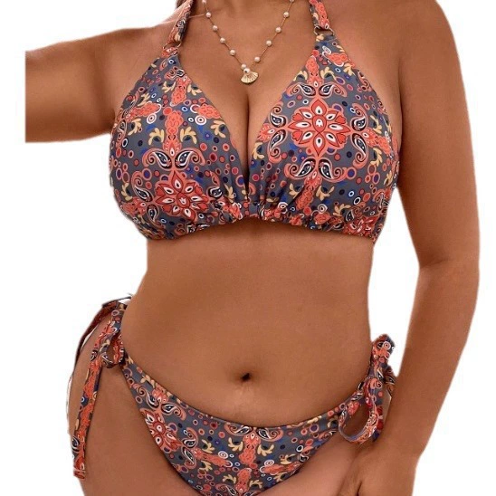Plus Size Halter Triangle Bikini Set with Tie-Side Bottoms view 5