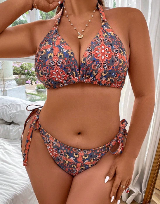 Plus Size Halter Triangle Bikini Set with Tie-Side Bottoms view 6