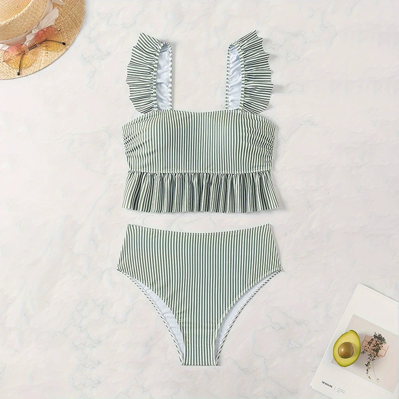 Women’s Ruffle Strap Square Neck High Waist Bikini Set