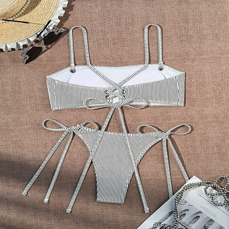 Women's Cross-Back Bandeau Bikini Set with Tie-Side Bottoms view 4