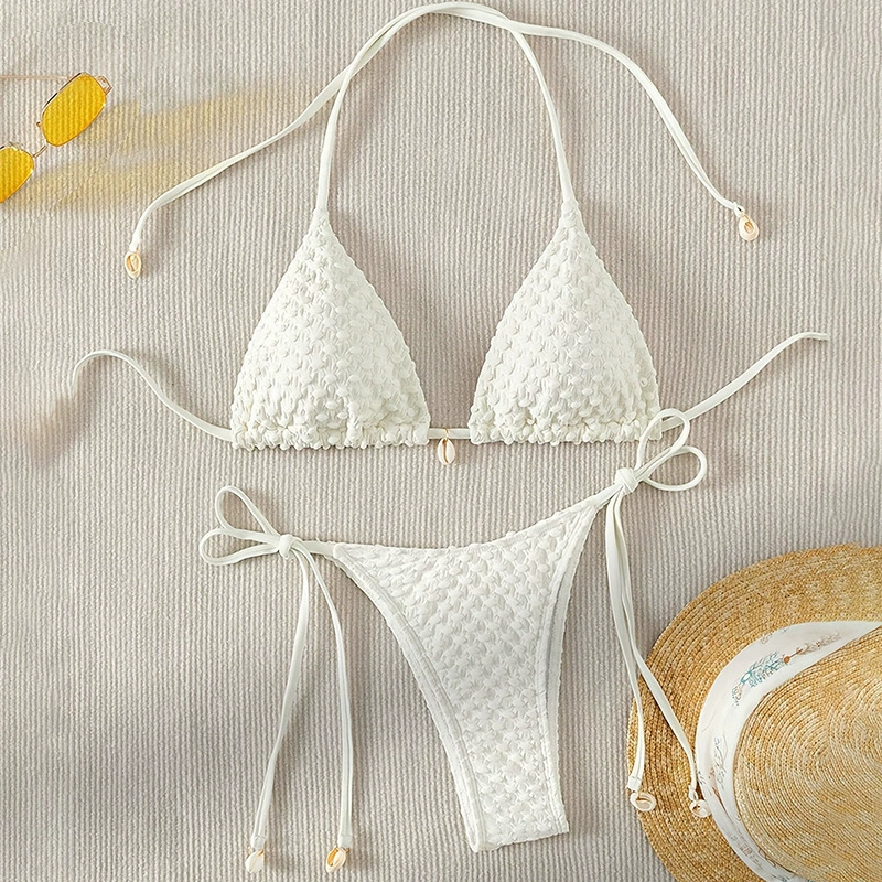 Women’s Tie-Side Triangle Bikini Set with Shell Trim