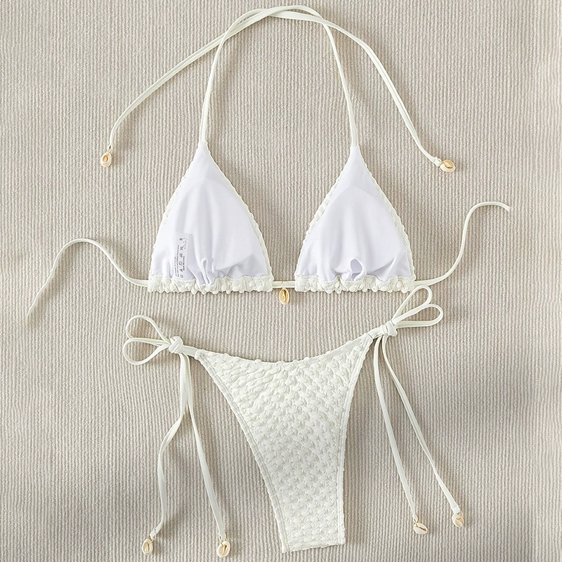 Women’s Tie-Side Triangle Bikini Set with Shell Trim