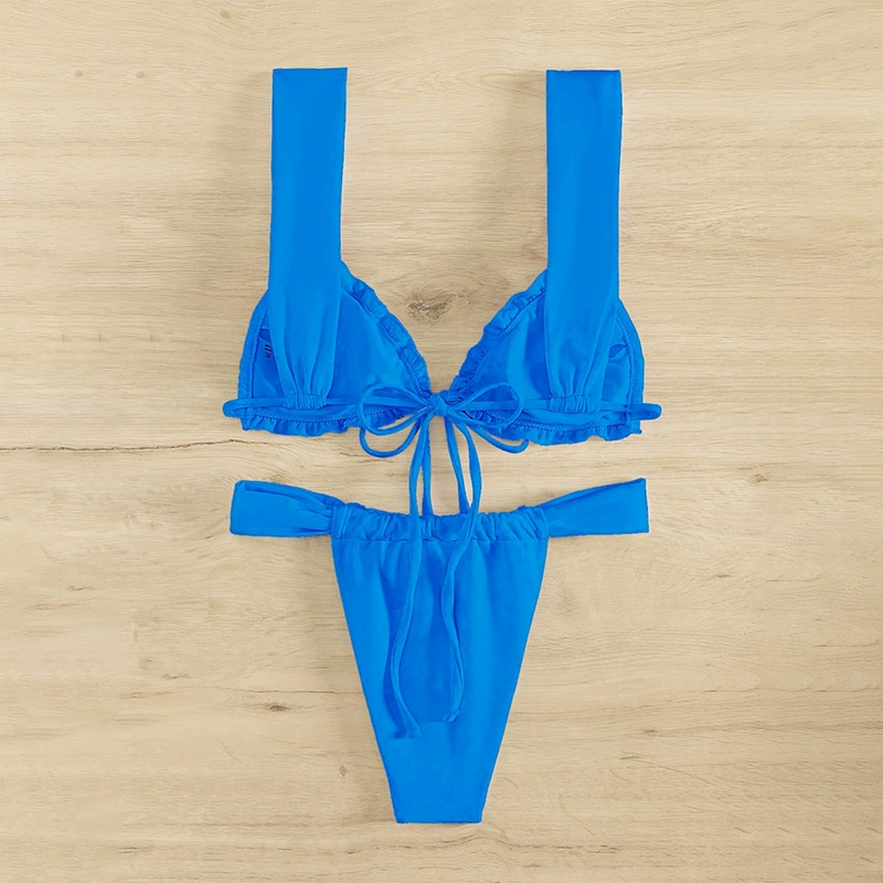 Women’s Ruched Tie-Front Wide Strap Thong Bikini Set