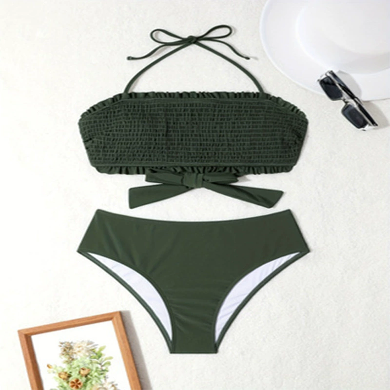 Women’s Smocked Bandeau Two-Piece Bikini Set with Ruffle Trim