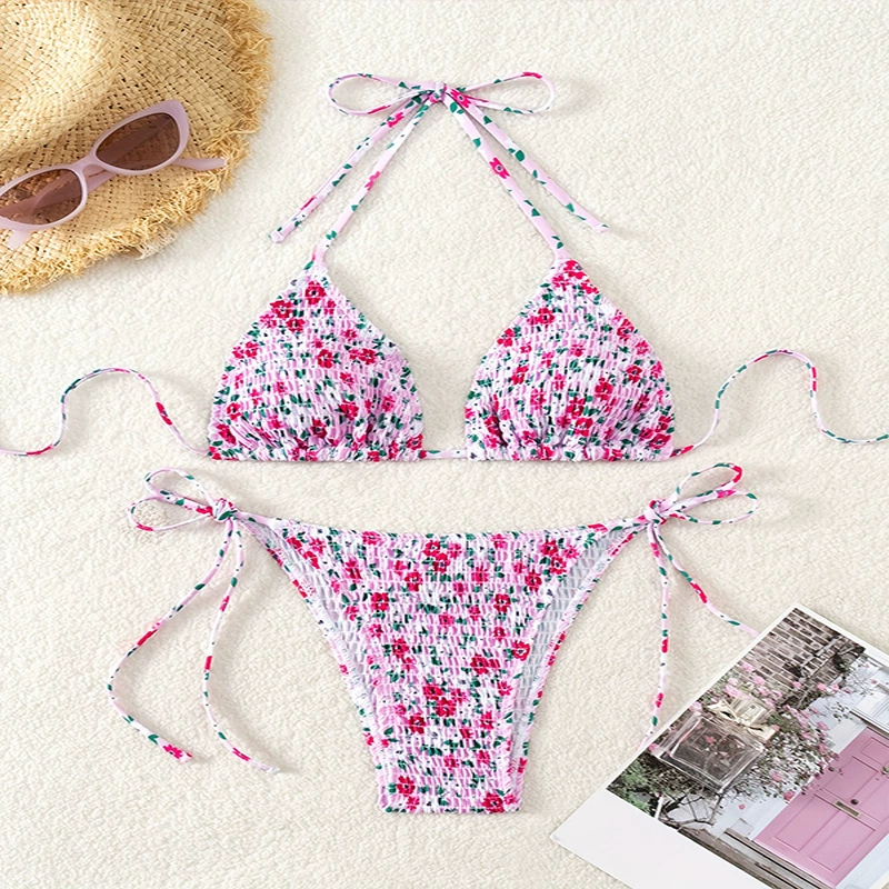 Women's Halter Triangle Bikini Set with Tie-Side Bottoms view 3