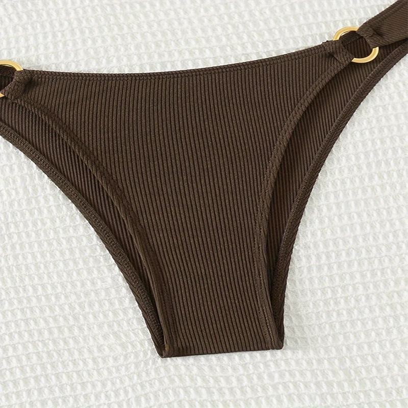 Halter Ring Detail Ribbed Two Piece Bikini Set