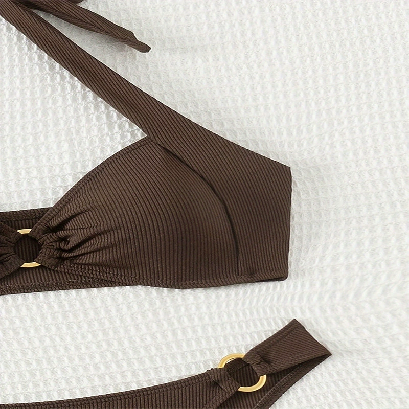 Halter Ring Detail Ribbed Two Piece Bikini Set view 4