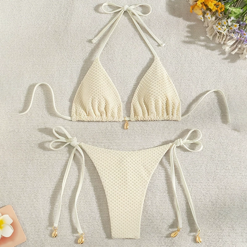 Women’s Tie-Side Triangle Halter Bikini Set with Shell Charms