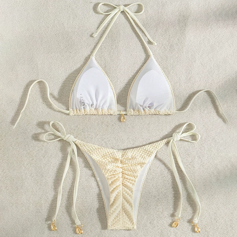 Women’s Tie-Side Triangle Halter Bikini Set with Shell Charms