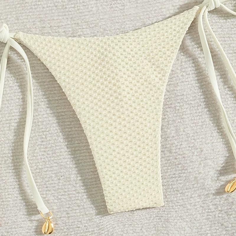 Women's Tie-Side Triangle Halter Bikini Set with Shell Charms view 4