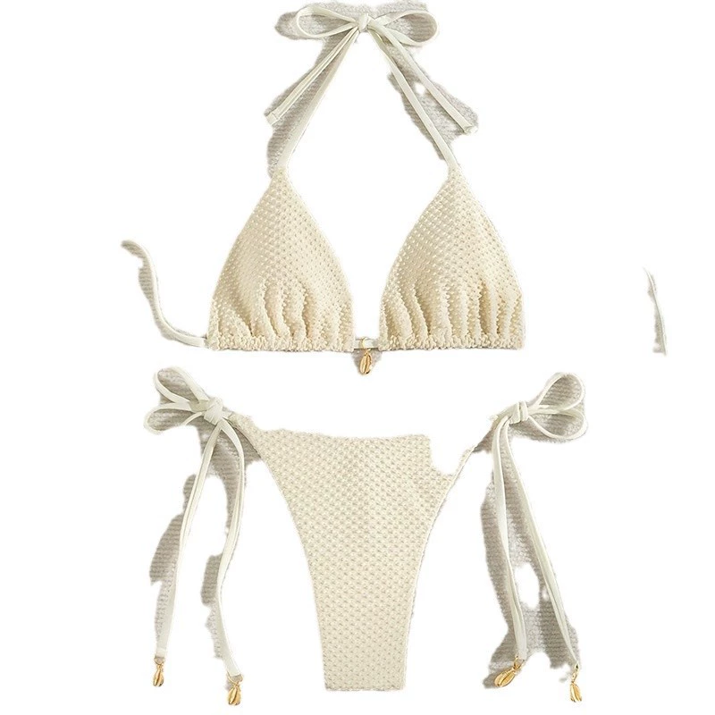 Women's Tie-Side Triangle Halter Bikini Set with Shell Charms view 5