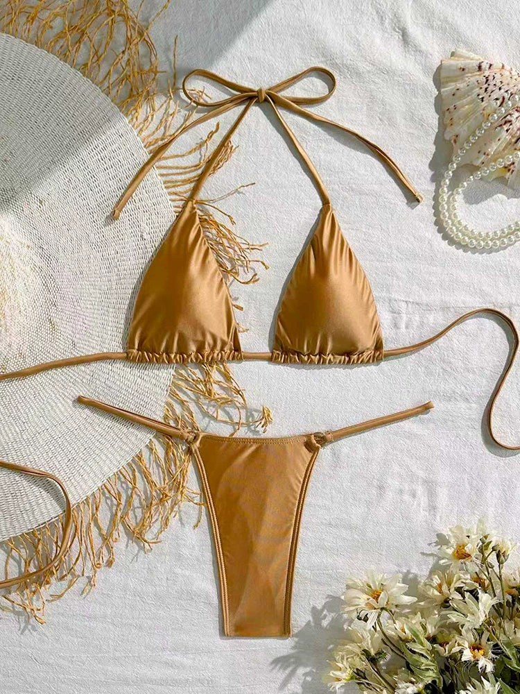 Women’s Halter Triangle Bikini Set with Tie-Side Bottoms