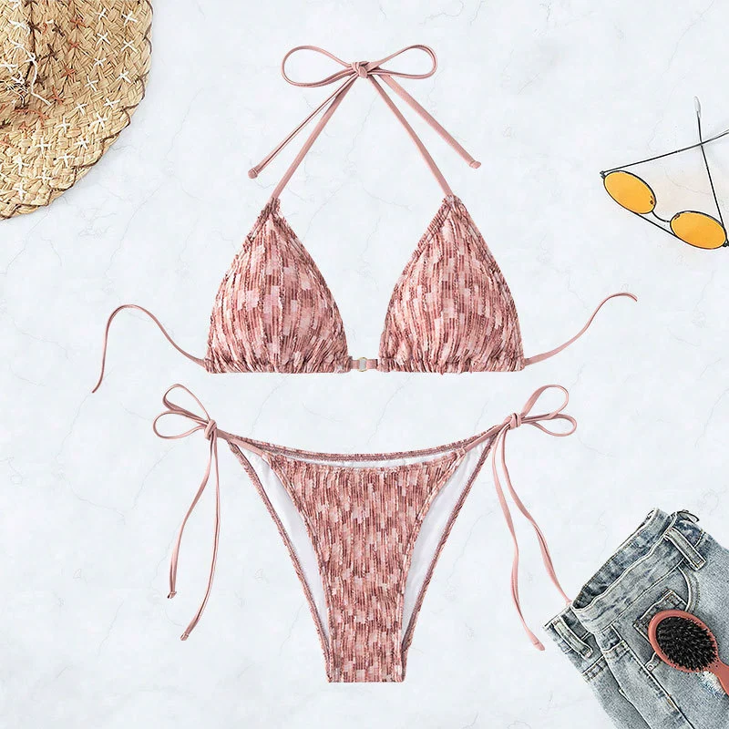 Women’s Halter Triangle Bikini Set with Tie Side Bottoms