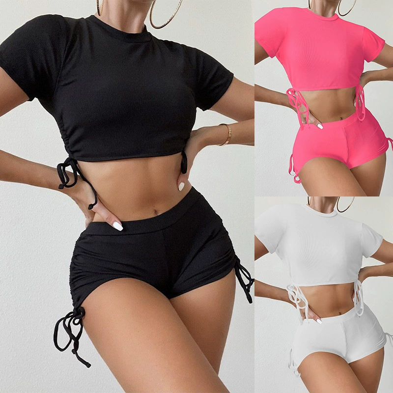 Women’s Two Piece Short Sleeve Tie Side Boyshort Swimsuit Set