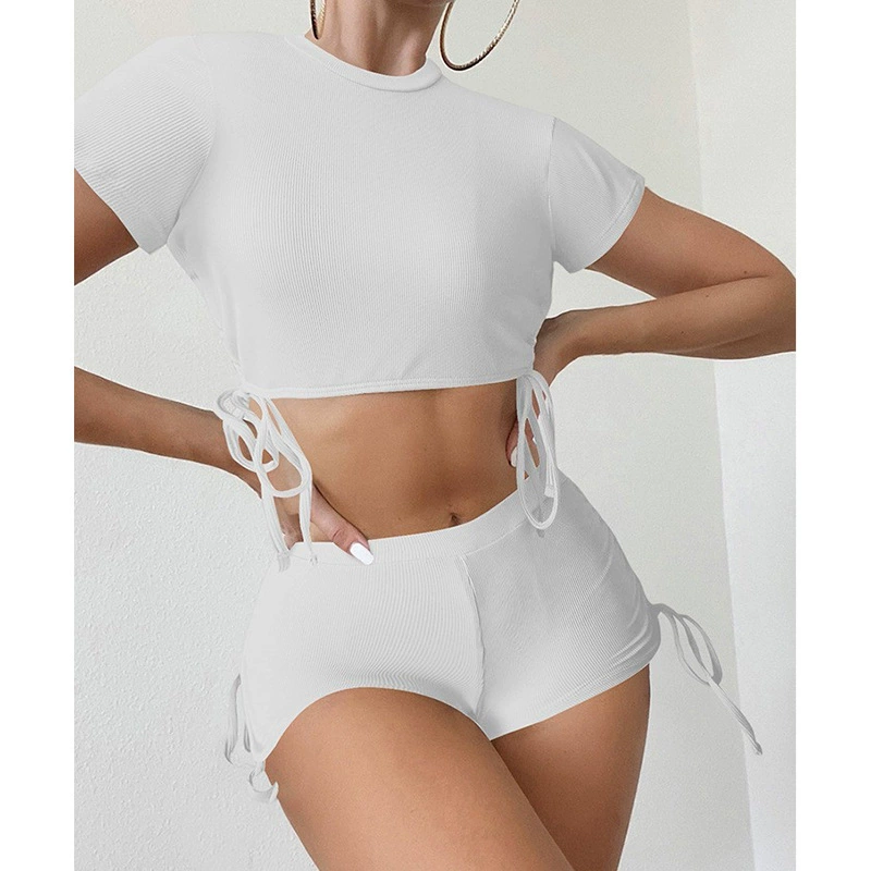 Women’s Two Piece Short Sleeve Tie Side Boyshort Swimsuit Set