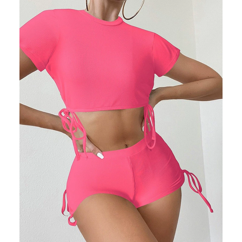 Women's Two Piece Short Sleeve Tie Side Boyshort Swimsuit Set view 3