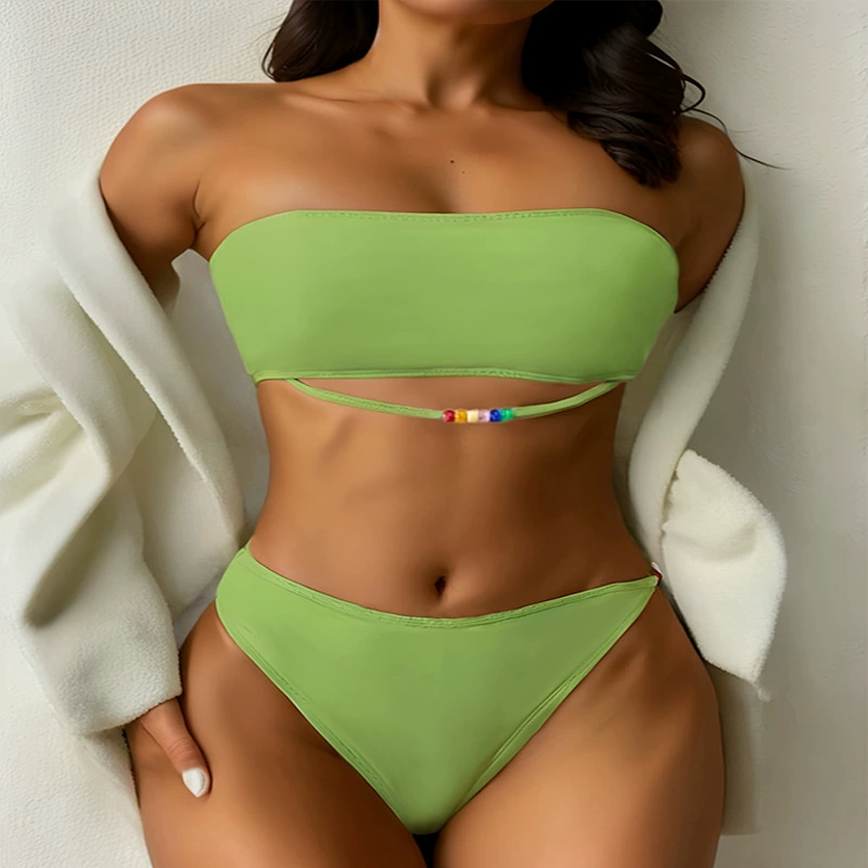 Women’s Strapless Bandeau Bikini Set with Beaded Straps