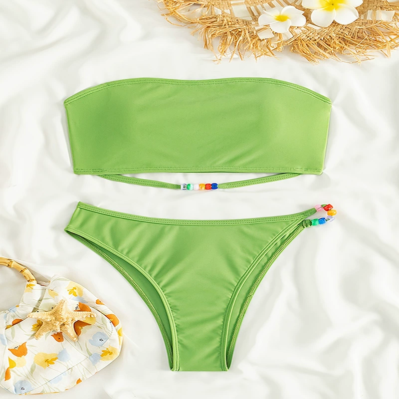 Women's Strapless Bandeau Bikini Set with Beaded Straps view 3