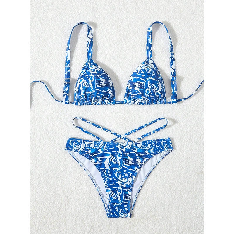 Women’s Tie-Back Triangle Bikini Set with Cross-Strap Bottom