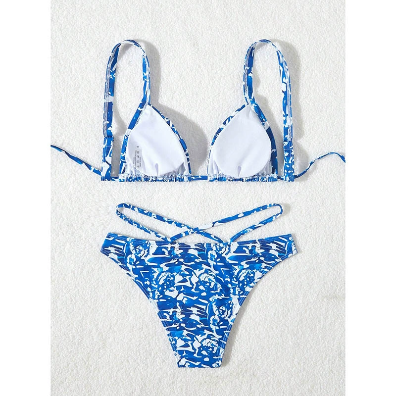 Women’s Tie-Back Triangle Bikini Set with Cross-Strap Bottom