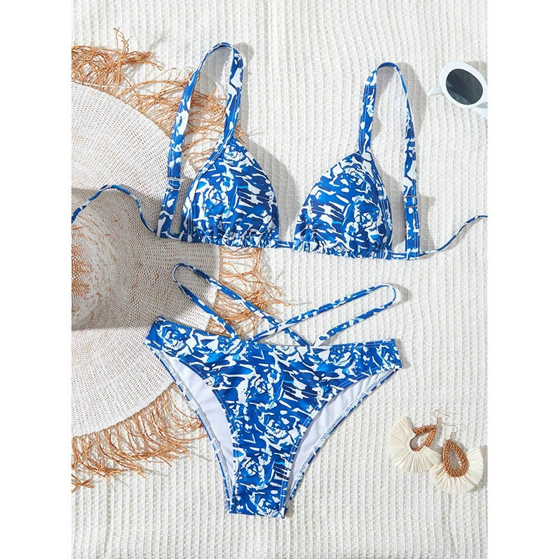 Women's Tie-Back Triangle Bikini Set with Cross-Strap Bottom view 3