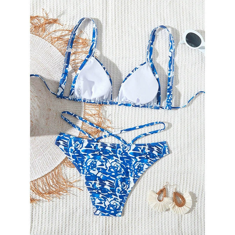 Women's Tie-Back Triangle Bikini Set with Cross-Strap Bottom view 4