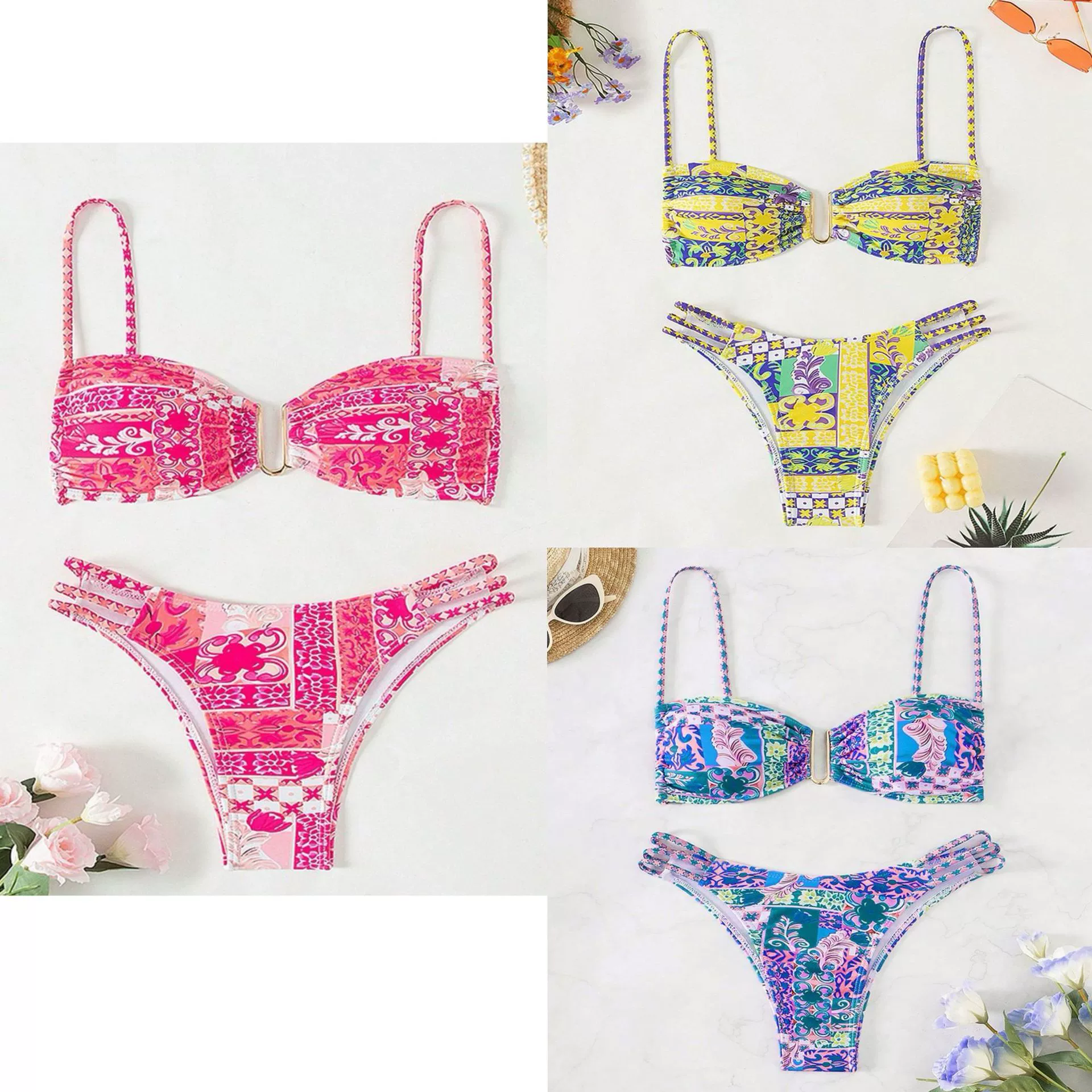 Women’s Clip Front Bandeau Bikini Set with Strappy Bottoms