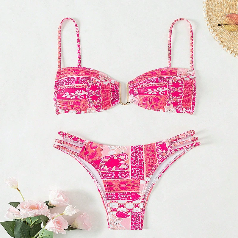 Women’s Clip Front Bandeau Bikini Set with Strappy Bottoms