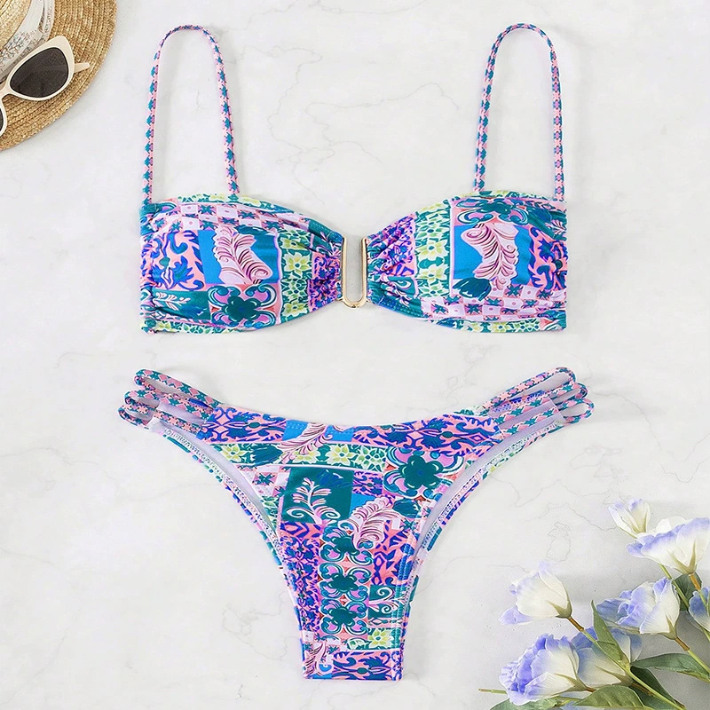 Women's Clip Front Bandeau Bikini Set with Strappy Bottoms view 7