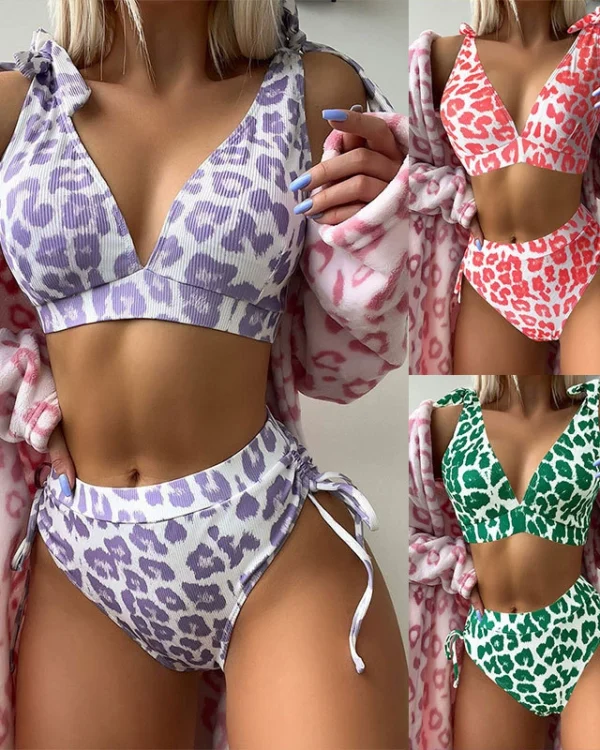 Bikini de talle alto con hombros anudados y cuello V para mujer