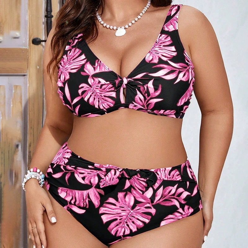 Plus Size V-Neck Twist Front High Waist Bikini Set