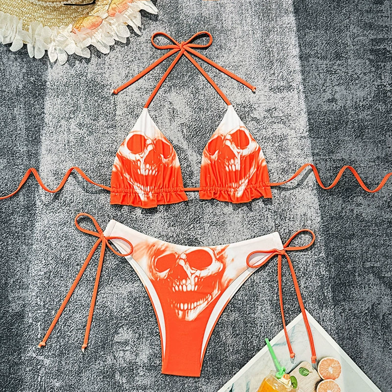 Women’s Ruffle Trim Triangle Bikini Set with Tie Side Bottom