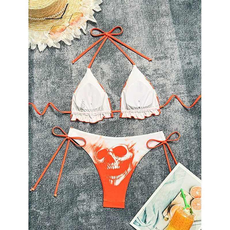 Women’s Ruffle Trim Triangle Bikini Set with Tie Side Bottom