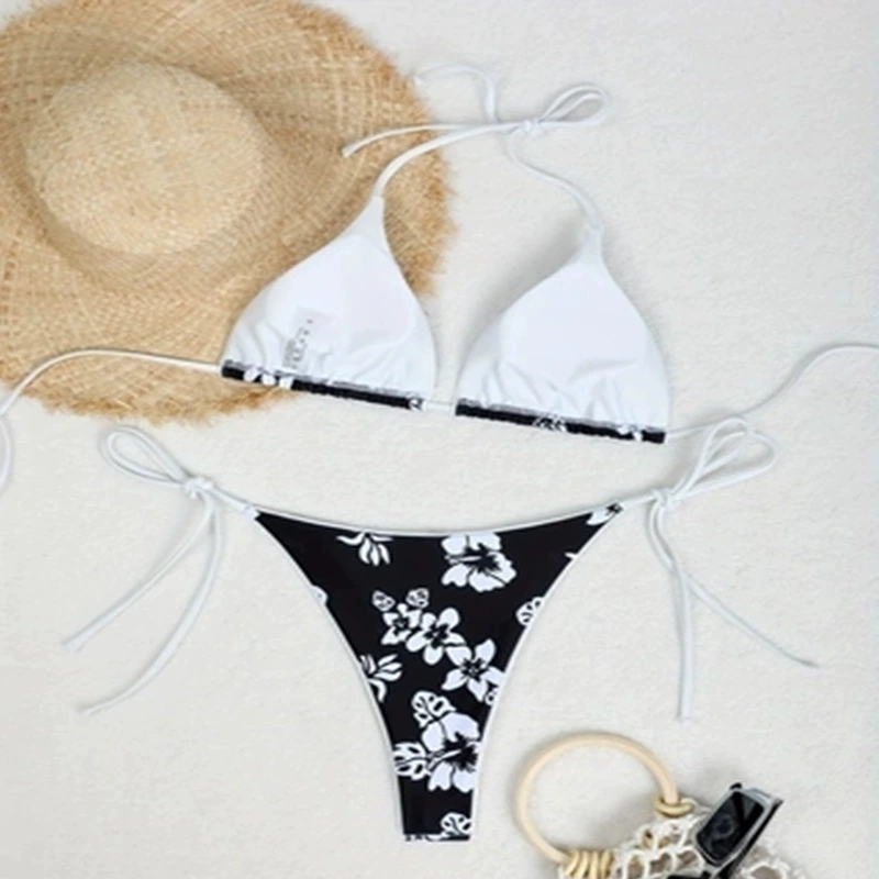 Women’s Halter Triangle Bikini Set with Tie-Side Thong Bottom