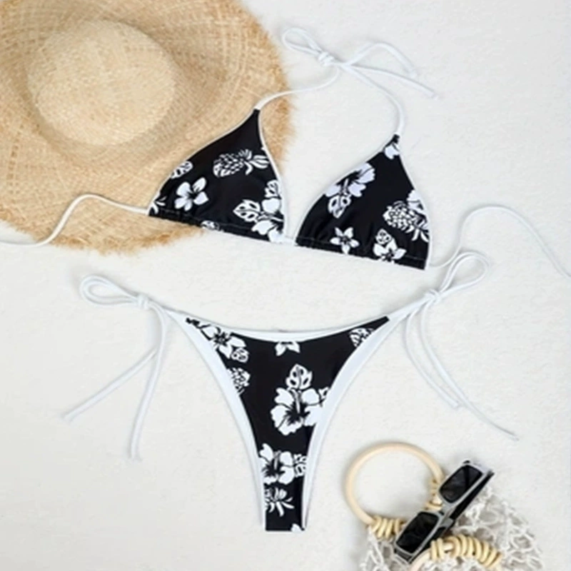 Women's Halter Triangle Bikini Set with Tie-Side Thong Bottom view 6