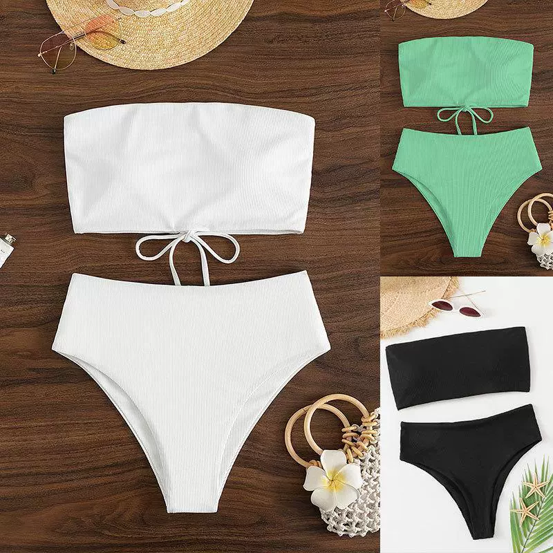 Strapless Lace-Up Bandeau High Waist Bikini Set
