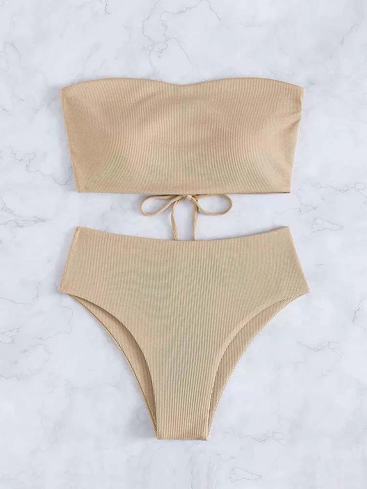 Strapless Lace-Up Bandeau High Waist Bikini Set view 10