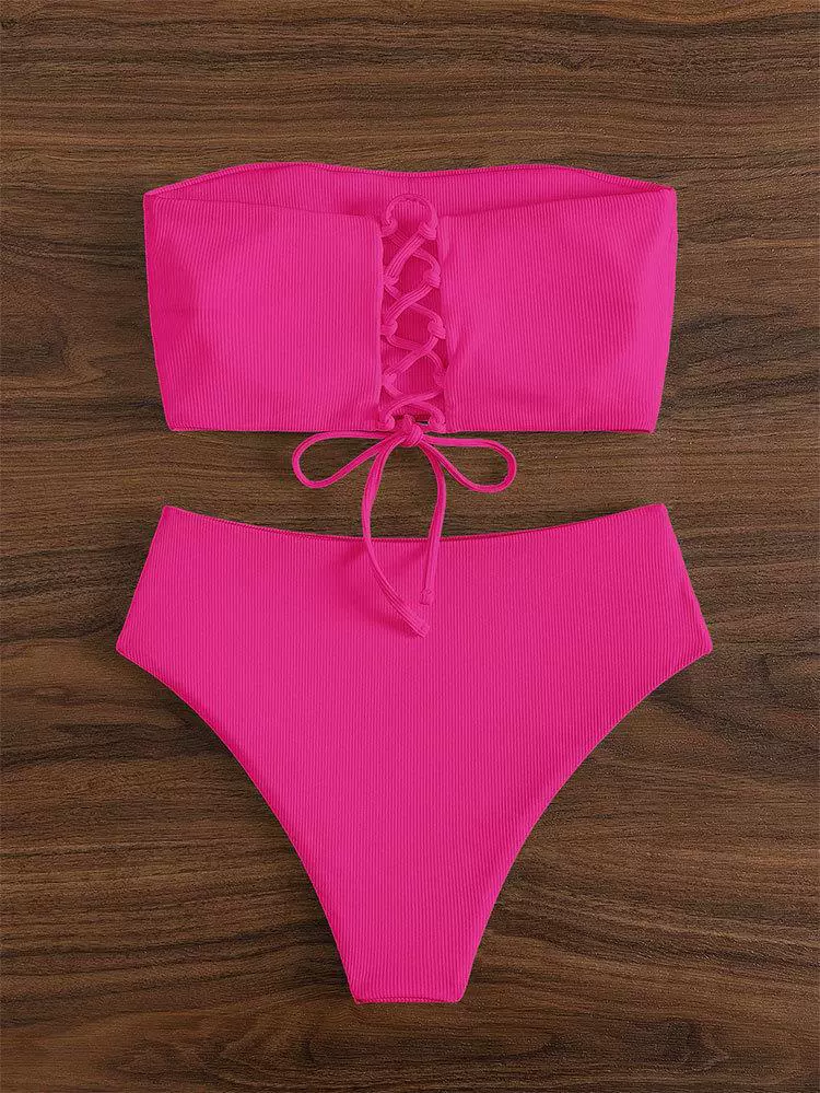 Strapless Lace-Up Bandeau High Waist Bikini Set view 11