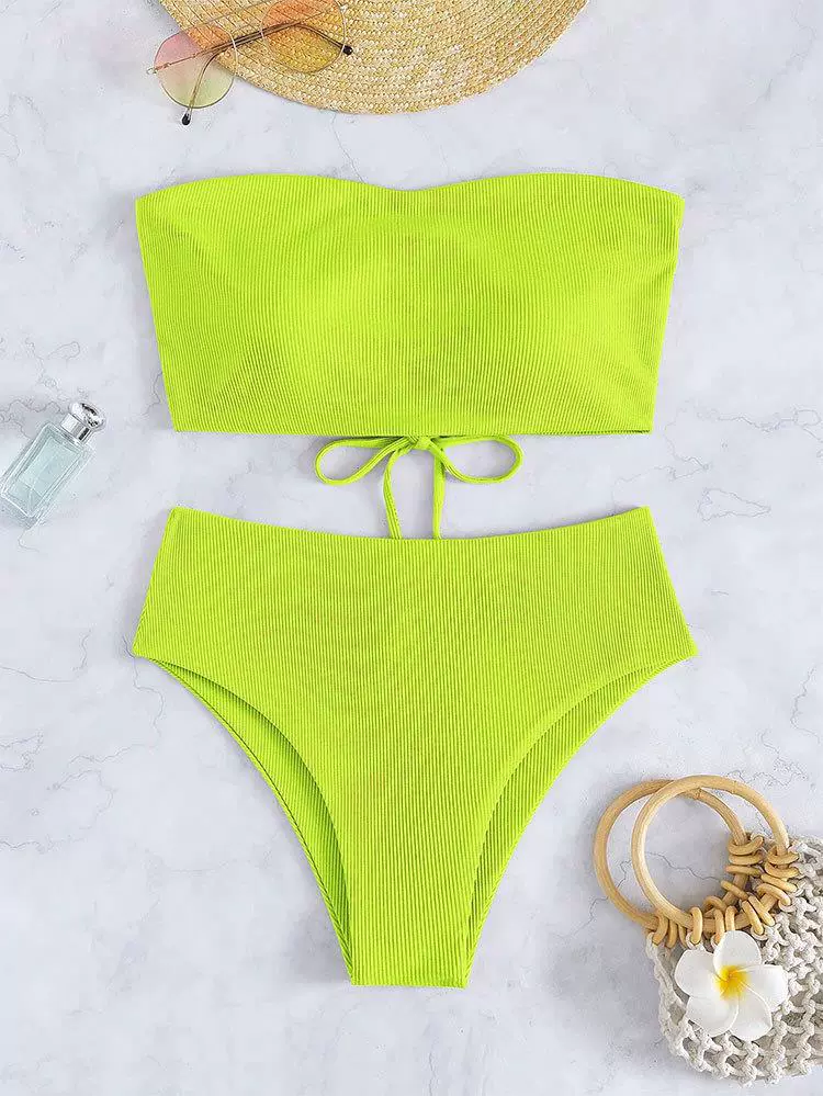 Strapless Lace-Up Bandeau High Waist Bikini Set view 12